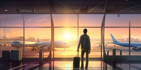 A calm male tourist, stands in the airport looking around with anticipation. He is ready to embark on his journey, eager to explore the world and experience new cultures. generative ai.