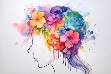 watercolor , flowers as human brain , new ideas and creative thinking 