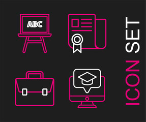 Set line Monitor with graduation cap, Briefcase, Certificate template and Chalkboard icon. Vector
