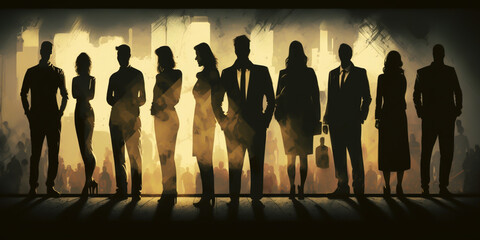 A group of corporate business people standing in silhouette, looking close to one another. They are all united, ready to work together and make their dreams a reality. generative ai.