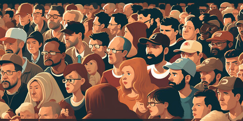 A large group of people stand together in a crowd, forming a vibrant crowd. The seamless background makes it seem as if they are all connected, creating a powerful atmosphere. generative ai.
