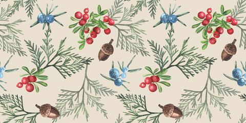 Christmas seamless pattern with berries floral. watercolor botanical illustration. Colorful. cowberry, juniper