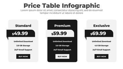 Modern pricing table layout with subscription plans and infographic design template for website or presentation