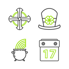 Set line Saint Patrick's day with calendar, Witch cauldron and rainbow, Leprechaun hat four leaf clover and Celtic cross icon. Vector