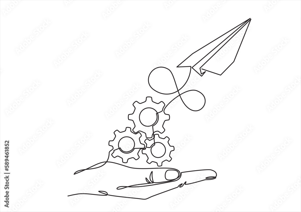 Poster continuous one line drawing of hand launching paper plane connected with gears in one continuous lin