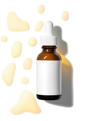 Natural beauty cosmetic product for skincare concept. Pure cosmetic in a brown dispenser on a white background. Serum drops.