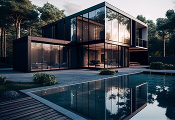 View of swimming pool and modern home exterior. 3d rendering. Generative AI