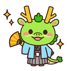 扇子を持った辰のかわいいキャラクター　着物　イラスト素材