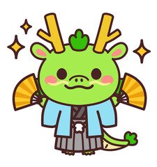 両手に扇子を持った辰のかわいいキャラクター　着物　イラスト素材