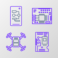 Set line Electronic computer components motherboard digital chip, Drone flying with action camera, Printed circuit PCB and Algorithm icon. Vector