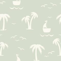 Seamless nautical pattern with silhouettes of palm trees and sailboats on the sea. Repeating summer background. Color vector illustration