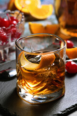 The Irish redhead. Whiskey cocktail, grenadine syrup, club soda, lemon or lime juice, garnished with   orange zest, served in scotch class with ice. An ideal aperitif before dinner.