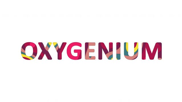Multi-colored inscription Element of periodic table OXYGENIUM with colored spots floating inside. Looped from frame 120 to 839, Alpha BW at the end