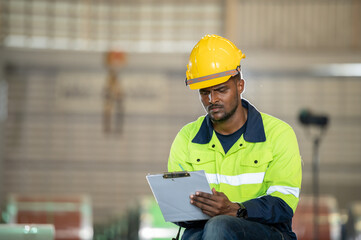 Fototapeta premium Black male engineer in uniform inspection warehouse and check control heavy machine construction installation in industrial factory. technician worker check for repair maintenance operation system