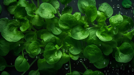 Top view of water drops on green watercress.
