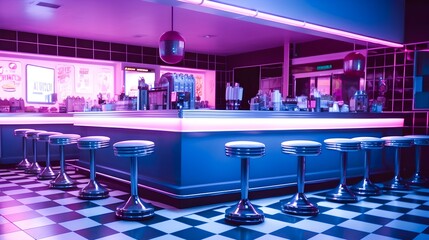 Neon blue and pink retro diner interior with bar stools end checkerboard floor. 50s nostalgia, American style 3d render of an empty restaurant. Ai generated illustration
