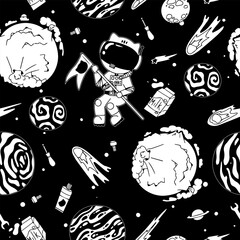 Astronaut in the open space. UFOs, spaceships, rockets. Solar system, Intergalactic travel. Galaxies, planets, asteroids, comets, shooting stars. Black and white pattern. Vector.