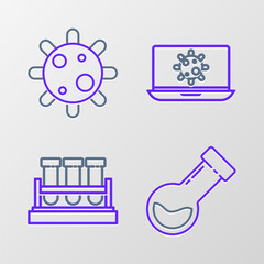 Set line Test tube and flask chemical, Bacteria on laptop and icon. Vector