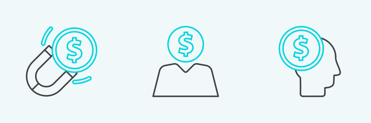 Set line Business man planning mind, Magnet with money and icon. Vector