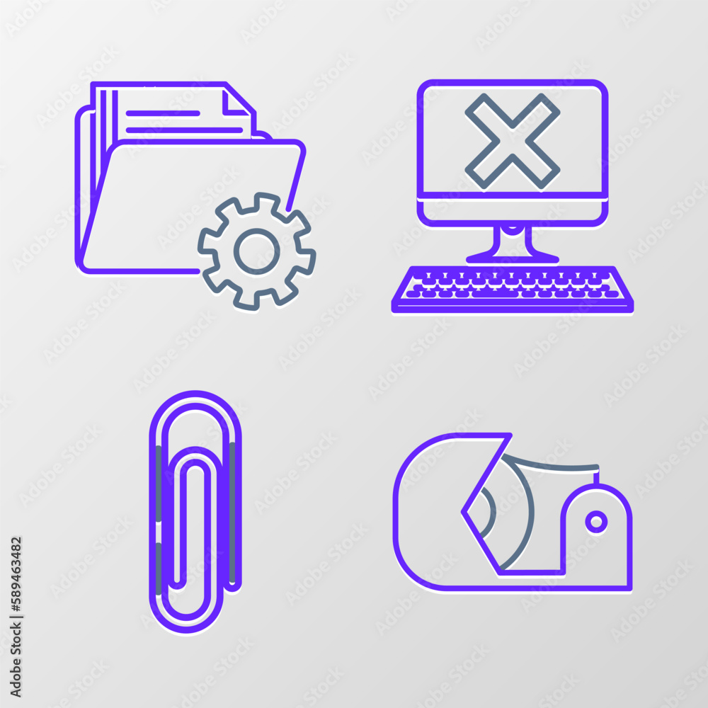 Poster set line scotch, paper clip, computer with keyboard and x mark and folder settings gears icon. vecto