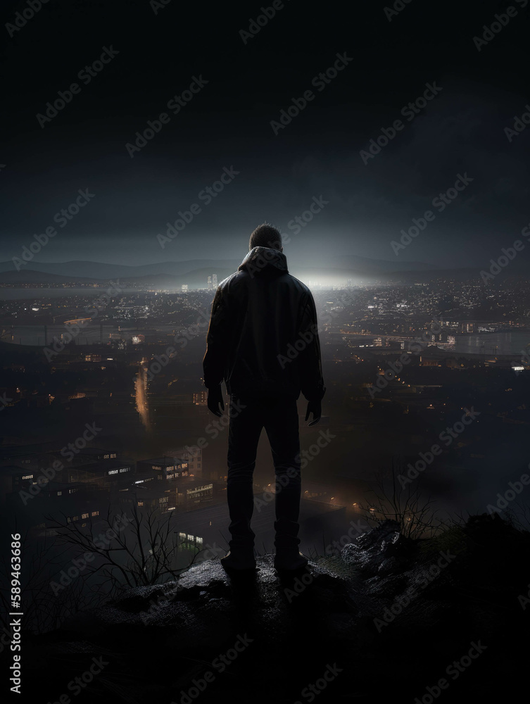 Poster a darkened figure standing on a hilltop looking out at a city skyline with a number of flashing ligh