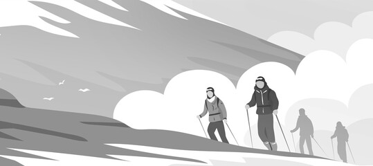 People climbers on the mountain. Hiker with backpacks on the background of a cloud. Cold and snow. Adventure, active sport and challenge. Black and white illustration