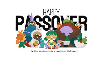 Happy Passover with people wearing rabbit costumes and bringing Easter eggs