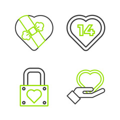 Set line Heart on hand, Lock heart, and Candy in shaped box icon. Vector