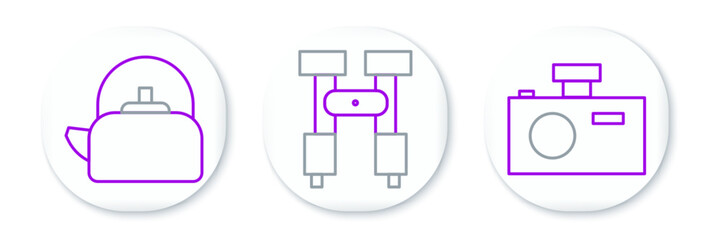 Set line Photo camera, Kettle with handle and Binoculars icon. Vector