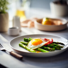 asparagus with fried egg and ham lying on a white plate next to a bottle of white wine. AI generativ