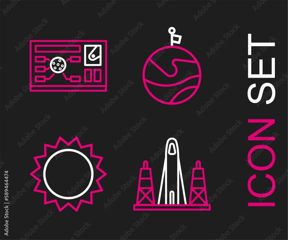 Poster set line rocket launch from the spaceport, sun, moon with flag and futuristic hud interface icon. ve