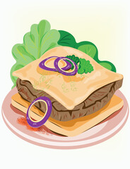 Toasts with meat fillet, cheese, red onion, herbs. Stylized vector drawing. Ability to change the background color.
