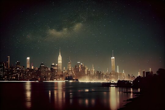 Skyline of New York city at night, generative AI .