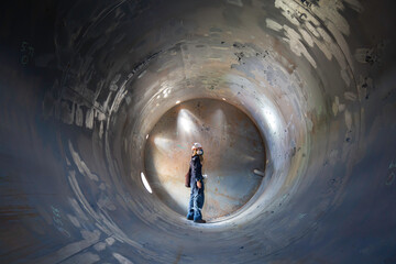 Working male inspection weld underground of equipment tunnel