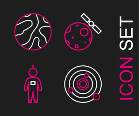 Set line Solar system, Astronaut, Satellites orbiting the planet Earth and Falling stars icon. Vector