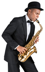Fototapeta na wymiar Close-up man playing on saxophone on white background
