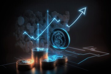 Hologram of Stack of money saving graph with coins for business ideas and design. Chart for financial investment concept, created with generative AI Technology