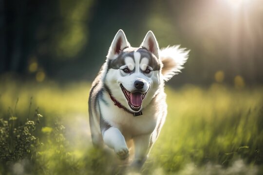 Adorable siberian husky dog running on a sunny day with blur background. generative AI.
