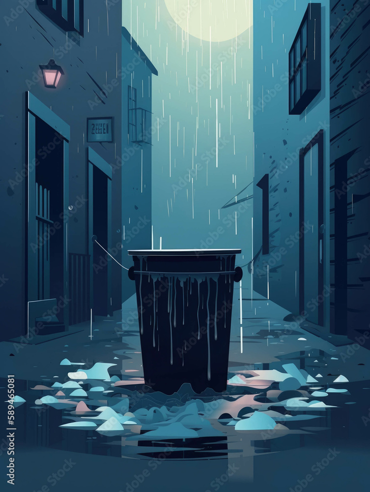Poster an overflowing garbage can on a city sidewalk surrounded by litter.. ai generation.