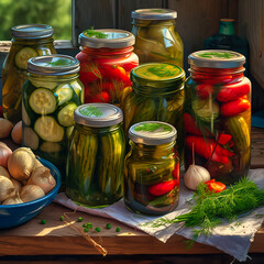 Cucumbers prepared for pickling with peppers, garlic and tomatoes. AI generativ.