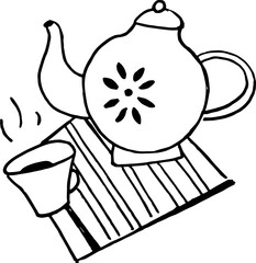 Hand Drawn Line Art Teapot With Cup