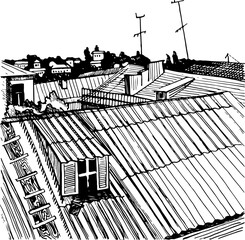 Hand Drawn City Or Rooftop View. Black Inked Art Illustration