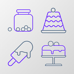 Set line Cake on plate, Ice cream, and Glass jar with candies inside icon. Vector