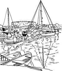 Hand Drawn Bay View Or Sea Quayside. Black Inked Art Illustration