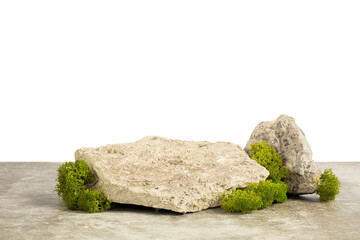 Podium embossed stone and green moss for the presentation of products  on a transparent background....