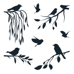 Obraz premium Birds on branches set. Vector illustration