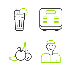 Set line Positive thinking, Fruit, Bathroom scales and Fresh smoothie icon. Vector