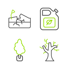 Set line Withered tree, Tree, Bio fuel canister and Earthquake icon. Vector
