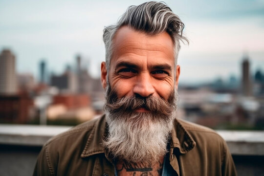 AI generated image of bearded man in his 50s smiling looking at camera
