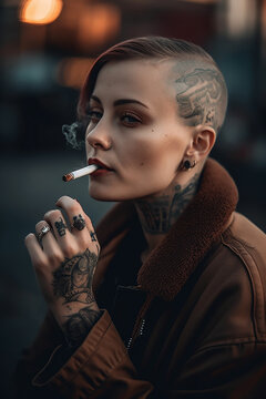 Comic style AI generated image of alternative tattooed woman lighting up and smoking a cigar